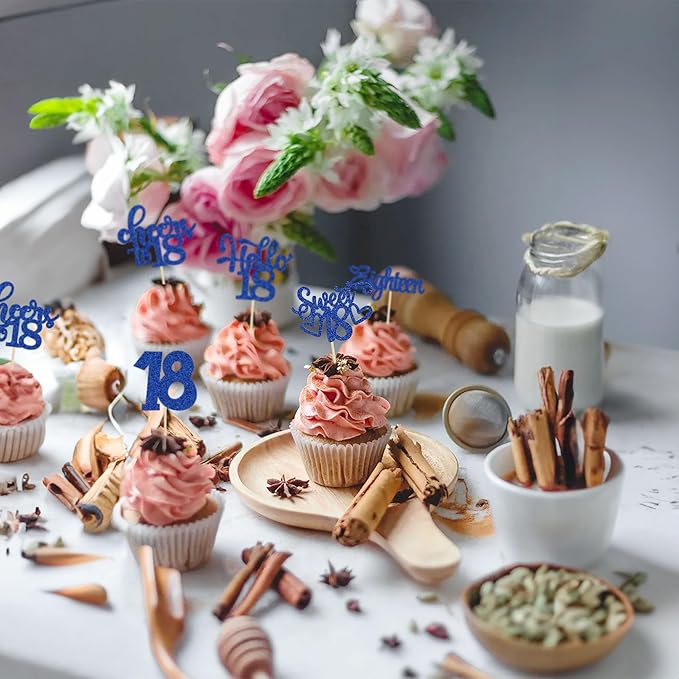 30Pcs18th Birthday Cupcake Toppers Eighteen Happy 18th Cupcake Picks Sweet 18 Cheers to 18 Cake Decorations for 18th Birthday Anniversary Party Supplies Deep Blue Glitter