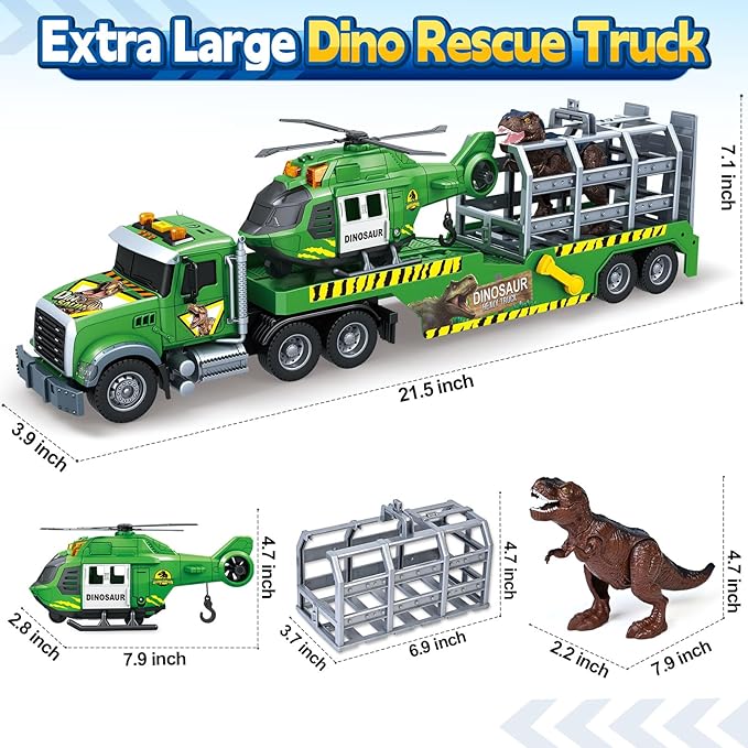 Toddler Boy Toys for 3 4 5 6 7 Years Kids, 21" Semi Flatbed Truck Toy with a Dinosaure Truck, Friction Powered Vehicles Toys with Lights and Sounds, Birthday for Boy Girls