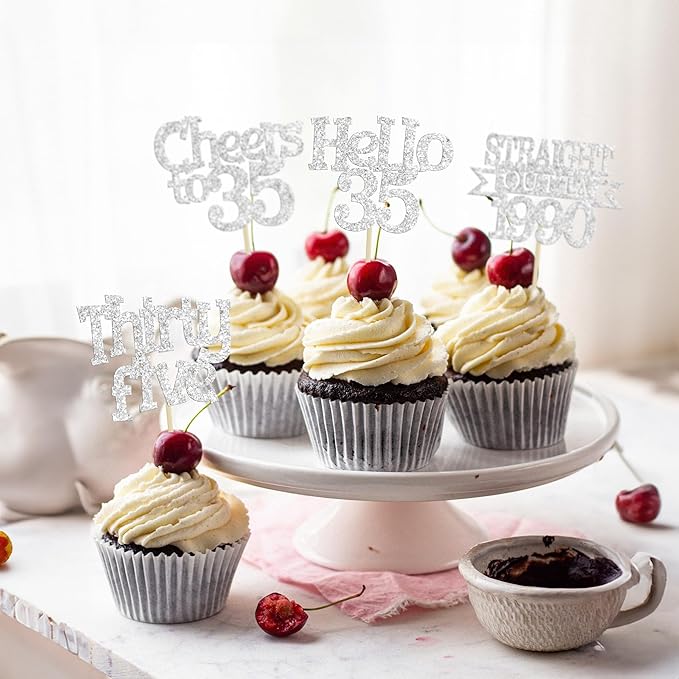 Ephlyn 24Pcs Happy 35th Birthday Cupcake Toppers Silver Thirty Five Cupcake Picks Hello 35 Cheers to 35 Years Birthday Cake Decorations for 35th Birthday Anniversary Party Decor Supplies