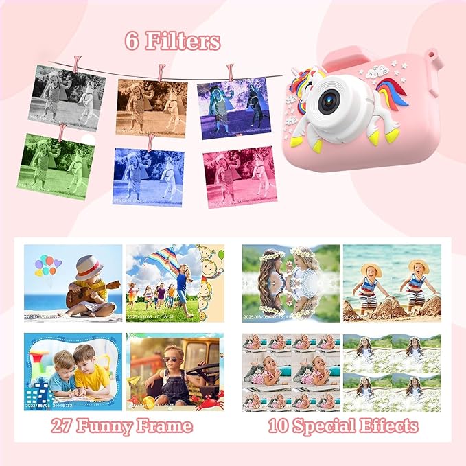 Kids Camera for 3-9 Year Old Boys Girls, Children Digital Camera with Cute Cartoon Soft Cover & 32GB SD Card, Best Christmas Birthday Gifts for Grandkids, Halloween Party Favors for Kids - Pink