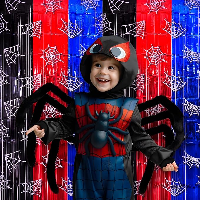 Spider Web Birthday Decorations, 2 Pack Spider Party Supplies 3.3x6.6ft Tinsel Foil Fringe Curtains, Red Black, and Blue Photo Booth Prop Backdrop Streamer, Birthday Decor, Party Decor for Boys