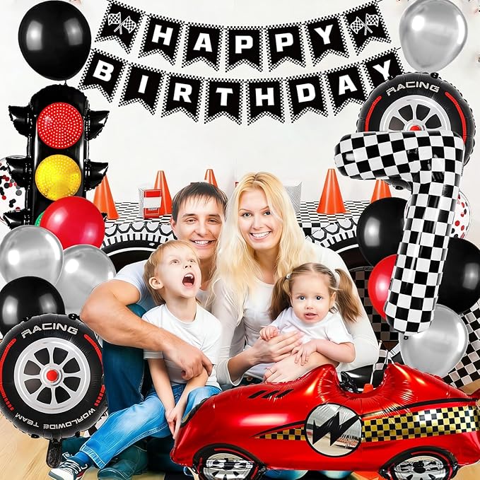 Race Car Birthday Party Decorations, with 40 Inch Number 7 Balloon, Happy Birthday Banner, Traffic Light and Foil Tire Balloon for 7th Car Themed Birthday Party Supplies