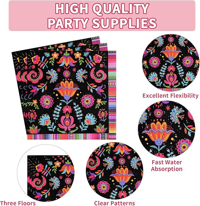 Grencian 200Pcs Mexican Party Decorations Colorful Mexico Floral Plates and Napkins Sets Mexicanos Birthday Decorations for Mayo Taco Holiday Wedding Ponchos Party Supplies Serves 50
