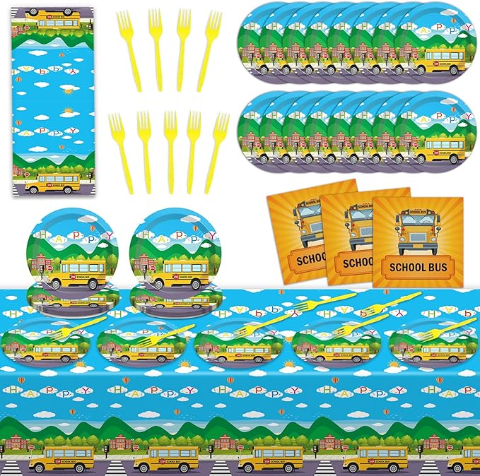 61 Pcs School Bus Party Supplies Back to School Birthday Tableware Set Bus Plates Napkins and Tablecloth Transportation Themed Decorations for Preschool Kindergarten Baby Shower Serves 20 Guests