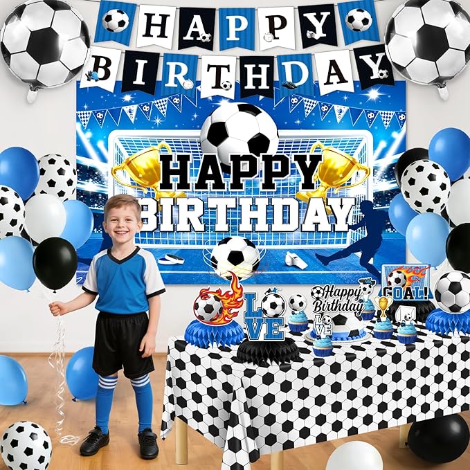 Soccer Birthday Party Decorations, 44Pcs Soccer Party Decorations with Happy Birthday Backdrop Tablecloth Foil & Latex Balloons and Cake Toppers Honeycomb Centerpieces for Boys’ Sports Party Supplies