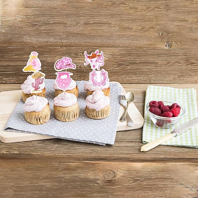 40 PCS Cowgirl Cupcake Toppers HorseShoe Hat and Boot Cupcake Picks Cactus Bandana Disco Ball Cake Decorations for Western Cowgirl Theme Baby Shower Kids Birthday Lets Go Girls Party Supplies
