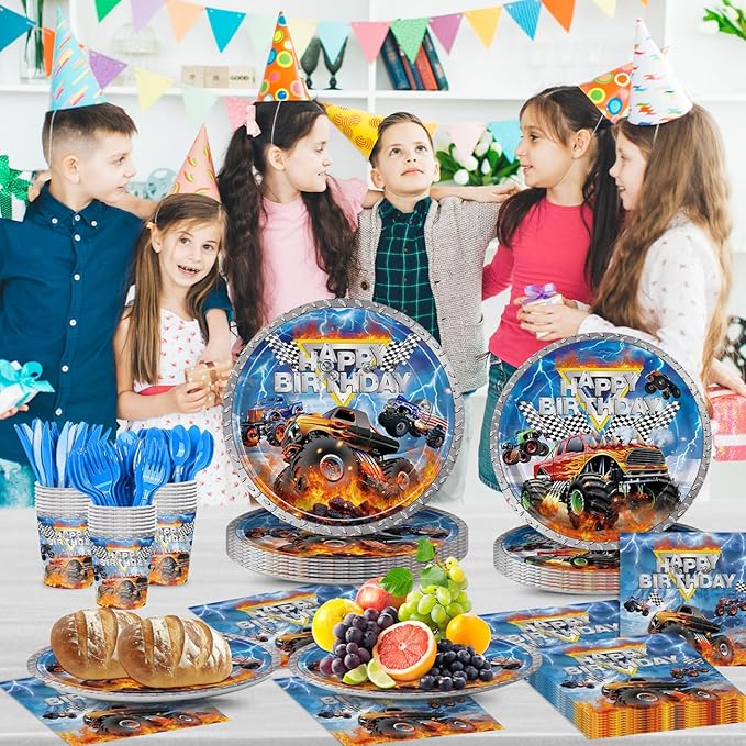 168pcs Monster Truck Party Decorations Plates Napkins Disposable Paper Cups Monster Car Tableware Set Birthday Party Supplies for Kids Boys 1st 2nd 3rd Birthday Decor Serves 24 Guests