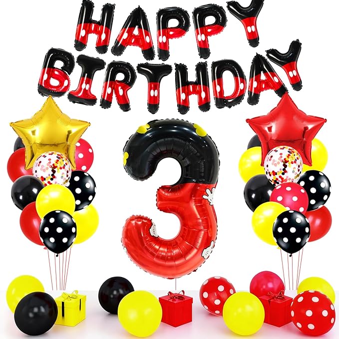 YIIHMEI 3rd Mouse Balloons Birthday Decorations Party Supplies Boy Red And Black Foil Balloon Banner 40inch Number