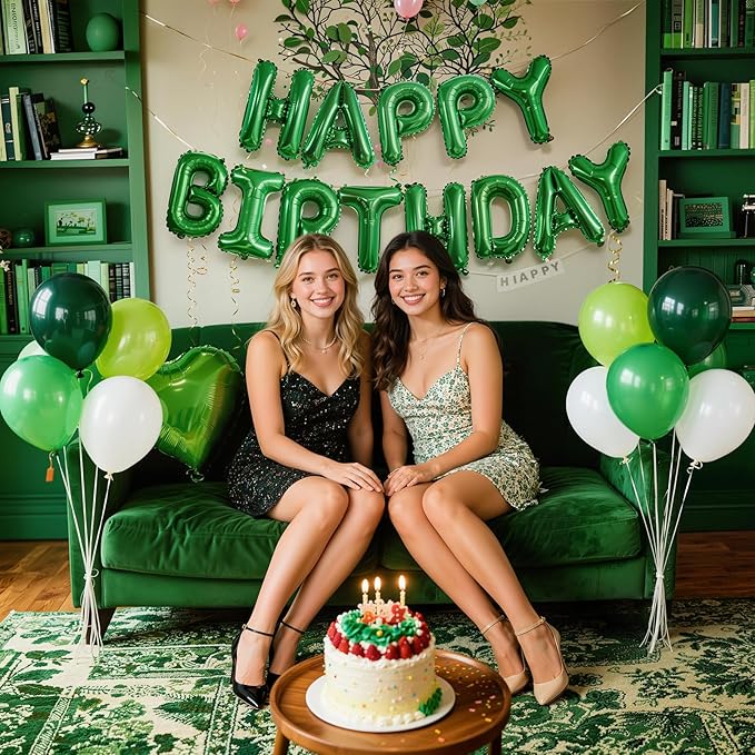 Green Happy Birthday Banner Balloon Aluminum Foil 16in Letter, 12in Latex Balloons, 11.8in Long Balloons, 16in Love Heart Aluminum Foil Balloon, Men, Women, Party Decoration Supplies (Green)