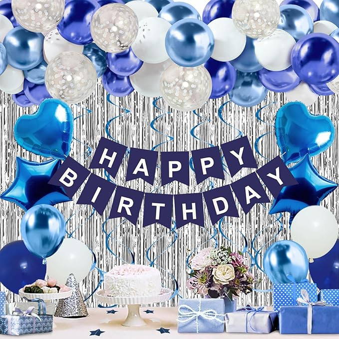 Blue Birthday Decorations for Boys Men - 50 PCS Blue Party Decorations include Happy Birthday Banner Silver Fringe Curtain Heart Star Balloons and Hanging Swirls for Birthday Party Supplies