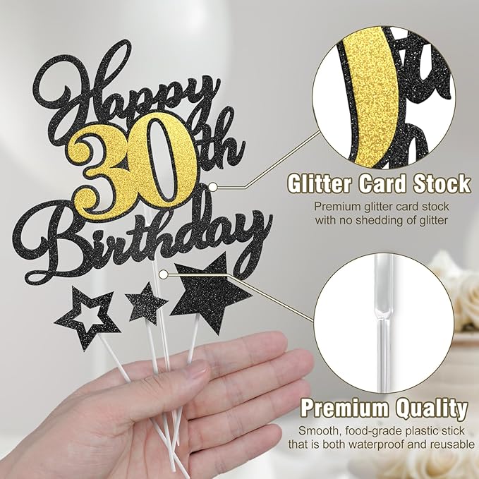 Happy 30th Birthday Cake Toppers, Black Gold Glitter Cake Decorations Set, 30th Birthday Decor for Him Her, Birthday Anniversary Party Decorations Supplies