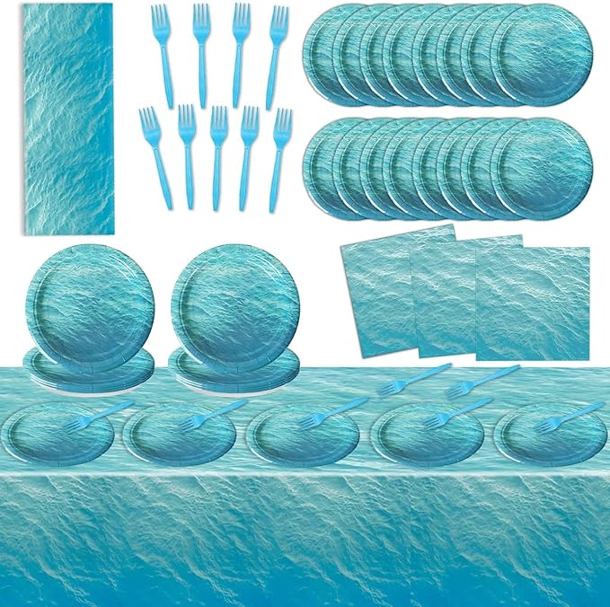 61 Pcs Ocean Sea Birthday Party Decorations Waves Themed Tableware Includes Blue Plates Napkins Forks Tablecloth Undersea Supplies for Hawaiian Summer Pool Beach Parties Baby Shower Serves 20 Guests
