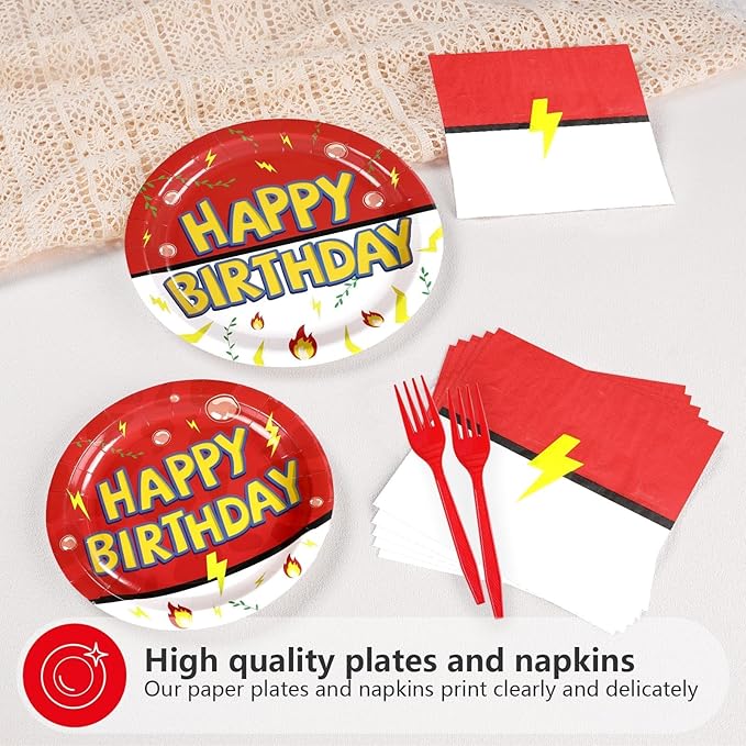 Grencian 200Pcs Happy Birthday Party Supplies Cartoon Anime Paper Plates and Napkins Tableware Sets Red and White Yellow Lightning Decoration for Birthday Cartoon Fun Kids Children Party Serves 50