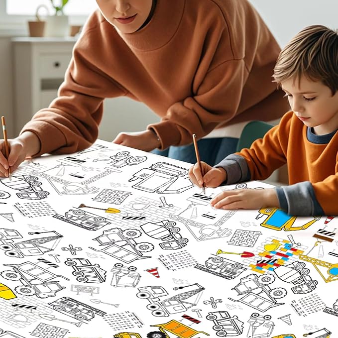 1 Pack Construction Coloring Table Cloth for Kids - Giant Construction Theme Color-in Paper Poster, Dump Truck Painting Activity Tablecloth for Construction Birthday Party Supplies Favors, 54 x 108 In