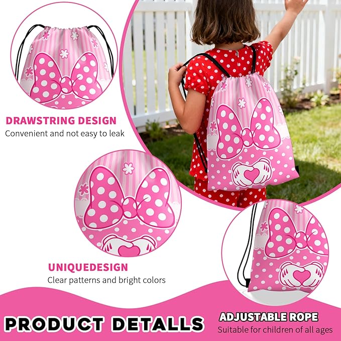 Pink Cartoon Mouse Party Favors, Animation Themed Birthday Party Supplies & Goodie Bags for Kids, Include Drawstring Bags Notebook Silicone Bracelet Highlighter for Gifts Fillers