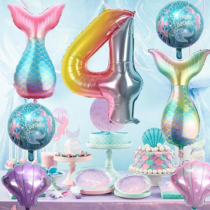4th Mermaid Birthday Decorations,Pink Blue Balloons Kit Sea Balloon Tail Balloons for Girls Mermaid Party Baby Shower