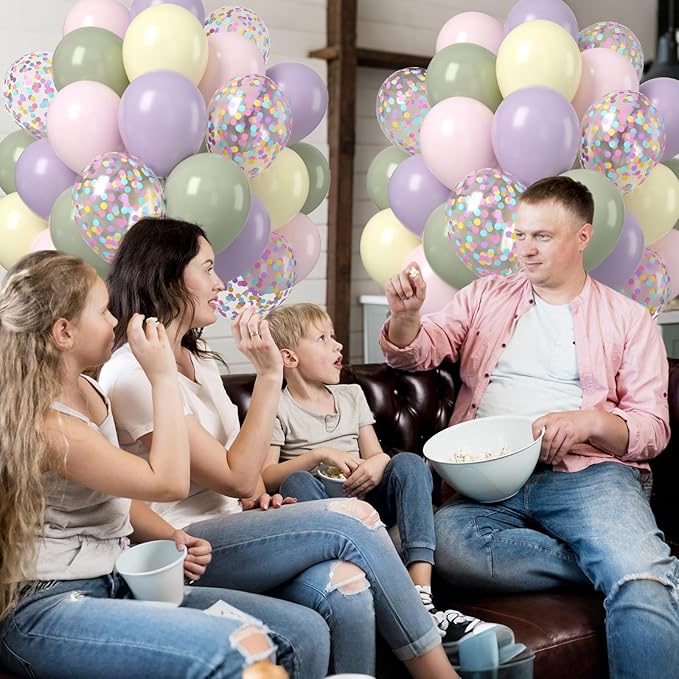 Pastel Balloons, 50Pcs 12 Inches Dusty Mist Green Macaron Purple Pink Yellow Balloon with Confetti Latex Balloons for Baby Shower Birthday Wedding Spring Flower Party Decoration