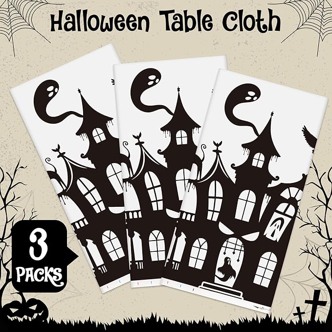 Halloween Haunted House Tablecover - 3 Pack 86 * 51inch Disposable Waterproof Rectangle Plastic Covers, Creepy Gothic Print for Halloween Parties, Kids’ Birthdays, Picnics & Camping Decor