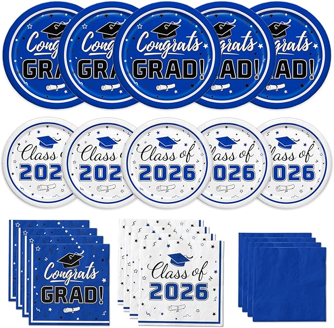 Graduation Blue Party Supplies Kit Dinner Plates Dessert Plates and Napkins for Congrats Grad Party Decorations, Serves 50