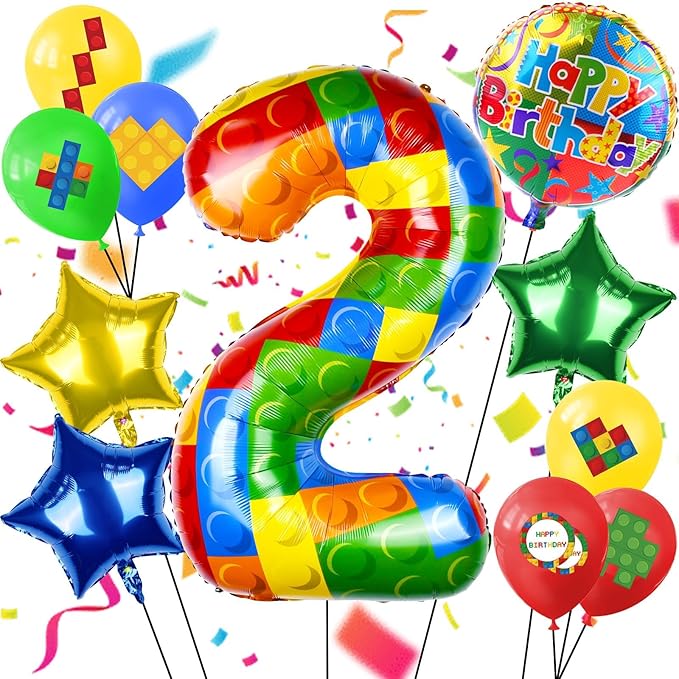 40 Inch Building Block Number Balloon, Colorful Number Block Foil Number 2 Balloons Large Big Numbers Helium Balloon for Girls Boys 2th Birthday Brick Theme Party Decorations (Number 2)