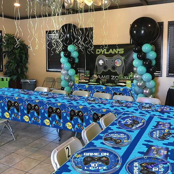 10th Birthday Decorations for Boys, 81 Pcs Level 10 Video Game Party Decorations, Including Video Game Plates Napkins Tablecloth Forks for Gamer Birthday Party, Serves 20, Blue