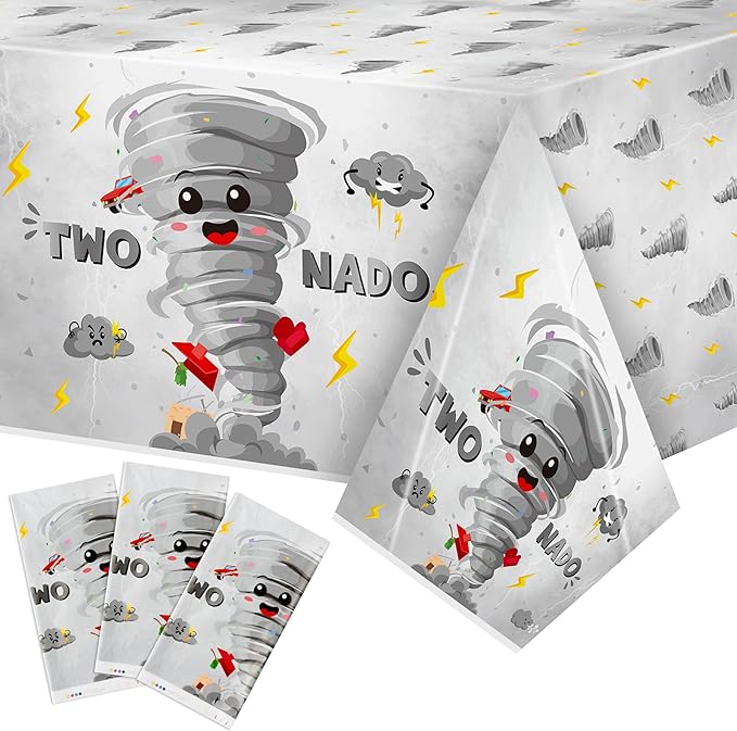 3Pcs Two Nado Party Tablecloths - Gray Tornado Birthday Party Table Covers Decorations, Cute Two Nado Themed Rectangular Plastic Disposable Table Cloth Decor for Baby Girls 2nd Birthday Baby Shower
