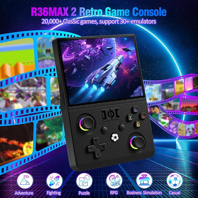 R36MAX 2 Retro Handheld Game Console, 4.5" IPS HD Screen 1024*768 Retro Gaming Console with Detachable Joystick, 20,000+ Classic Games, 30+ Emulators, Protable Hand Held Video Games (Black)