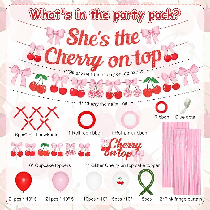 Cherry Party Decorations She's The Cherry On Top Banner Summer Fruit Cherries Themed Decor with Bow Cake Topper Pink Red White Balloons Fringe Curtains for Birthday Baby Shower Wedding Bridal Shower