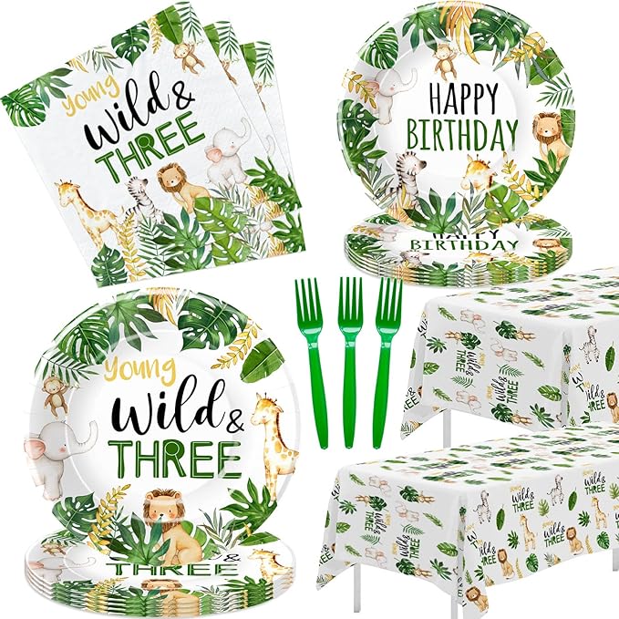 Jungle Animal 3rd Birthday Party Supplies - Young Wild And Three Decorations Tableware, Paper Plate, Napkin, Tablecloth, Fork, Safari 3-Year-Old Birthday Decorations Dinnerware | Serves 24