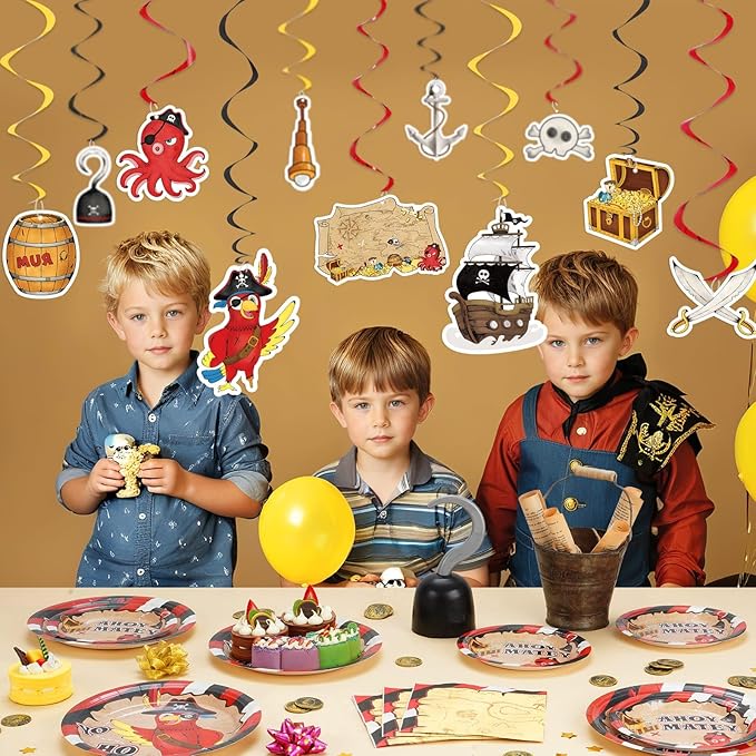 WERNNSAI Pirate Party Decorations - 24 PCS Pirate Party Supplies Pirate Treasure Hanging Swirl Streamers for Kids Boys Pirate Caribbean Birthday Party Decorations Baby Shower Ceiling Hanging Decor