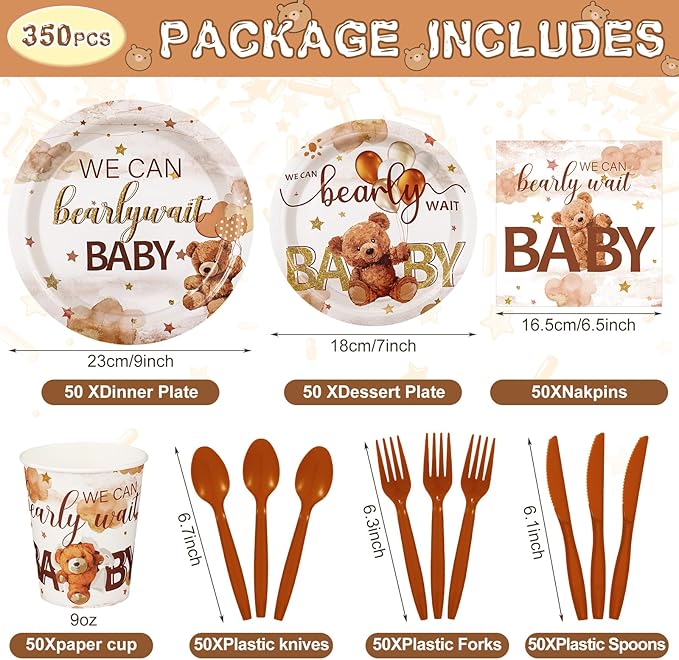 Dandat 350 Pcs Baby Shower Plates Set Baby Shower Party Supplies Serves 50 Tableware Sets Include Plates Napkin Cup Forks Knives Spoons Disposable Dinnerware(Bear,Brown)