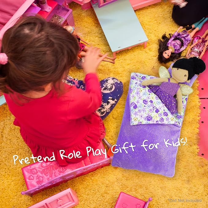 June Garden Cozy Dream Reversible Doll Sleeping Bag - 2-Piece Playset Doll Accessory with Pillow - Fits 14" American Girl Dolls - Gifts for Girls 2 3 4 Year Old