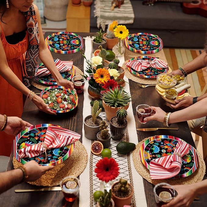 Pack of 50, 9-Inch Mexican Fiesta Paper Plates, Colorful Floral and Serape Stripe Design, Disposable Plates for Tacos, Snacks, Desserts, Cinco de Mayo Party Supplies, and Birthday Table Decorations