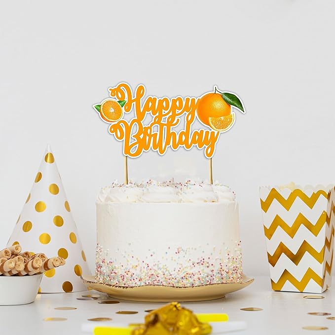 Orange Happy Birthday Cake Topper – Fresh Fruit Theme Cake Decoration for Birthday Celebration, Orange Inspired Dessert Topper for Party Cakes, Table Display Styling, Photo Setup.