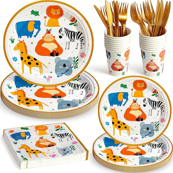 144Pcs Jungle Animals Birthday Party Supplies Decorations Animal Themed Paper Plates Napkins Vintage Party Tableware Disposable Dinnerware for Girl Boy Kid Birthday Baby Shower Table Decor, Serve 24
