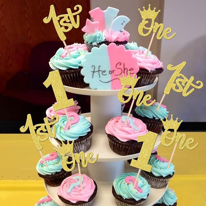 24 PCS 1st Birthday Cupcake Toppers - Glitter Crown Cupcake Picks for Baby Shower Kids 1st Birthday Boho Theme Party Cake Decorations - Gold