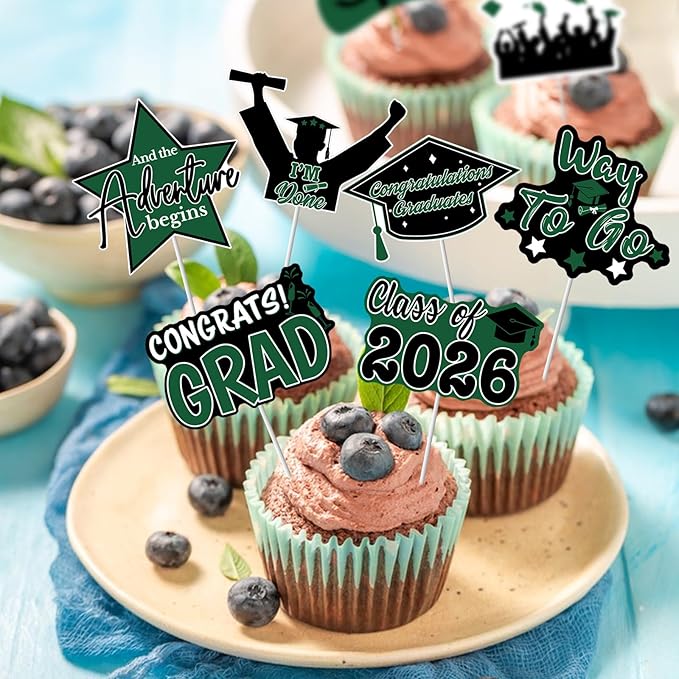 2026 Graduation Cupcake Toppers - 48 Pcs Green Graduation Party Supplies Mini Cake Food/Appetizer Picks For Class of 2026 Grad Decorations