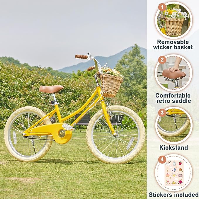 Petimini Vintage Kids Bike for Girls, 12–20 Inch Classic Bicycle with Wicker Basket & Bell, High Tensile Steel Frame, Training Wheels (12–18”), 85% Pre-Assembled, Retro Bike for Outdoor Riding