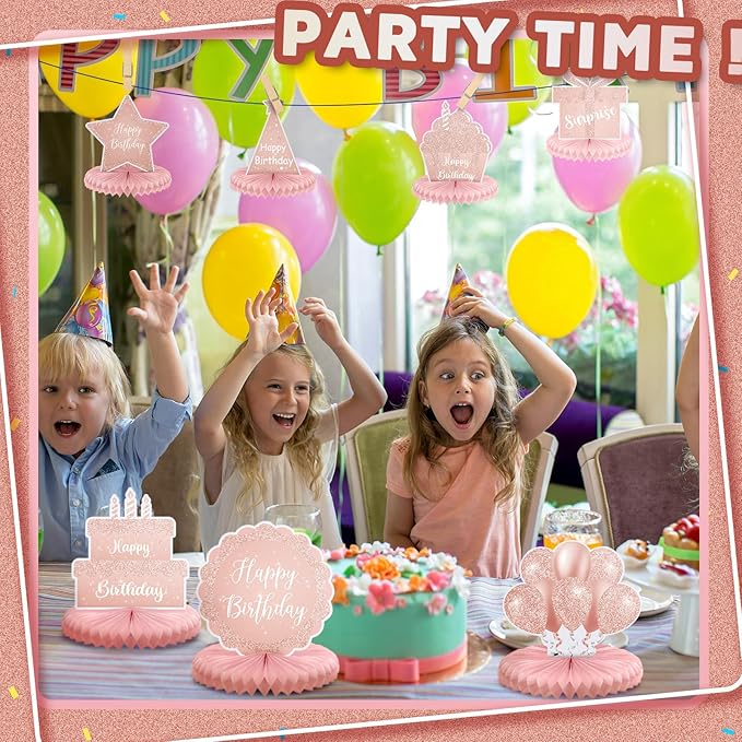 Yexiya 8 Pcs Pink Birthday Centerpiece Table Decoration, Happy Birthday Honeycomb Centerpieces Honeycomb Table Toppers for Men Women Party Supplies