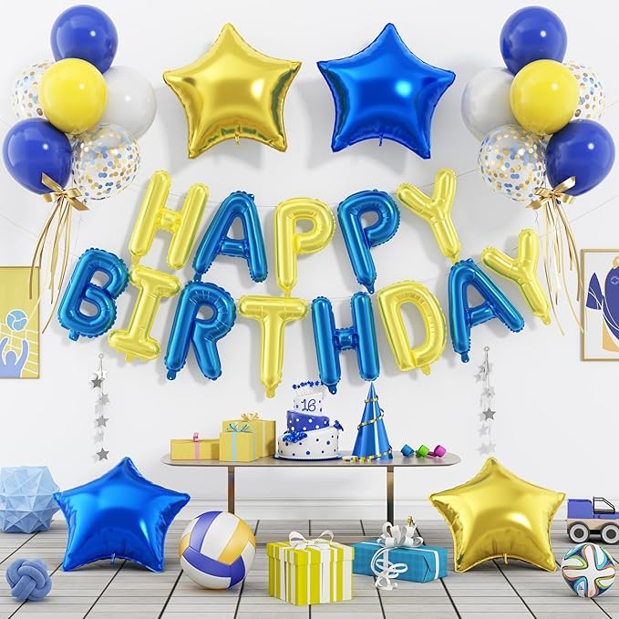 29PC Blue Yellow Happy Birthday Balloon Banner, 16 Inch 3D Aluminum Letter Banner Sign, Blue Yellow Confetti Balloon 18 Inch Star Foil Balloon for Women, Men Birthday Party Decorations