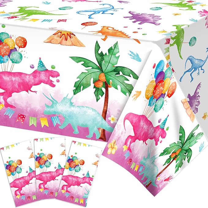 PHOGARY Pink Dinosaur Tablecloth - 3 Pack Plastic Table Cover, Girl's Party Supplies - Dino Theme Rex Decoration - 51" x 87"