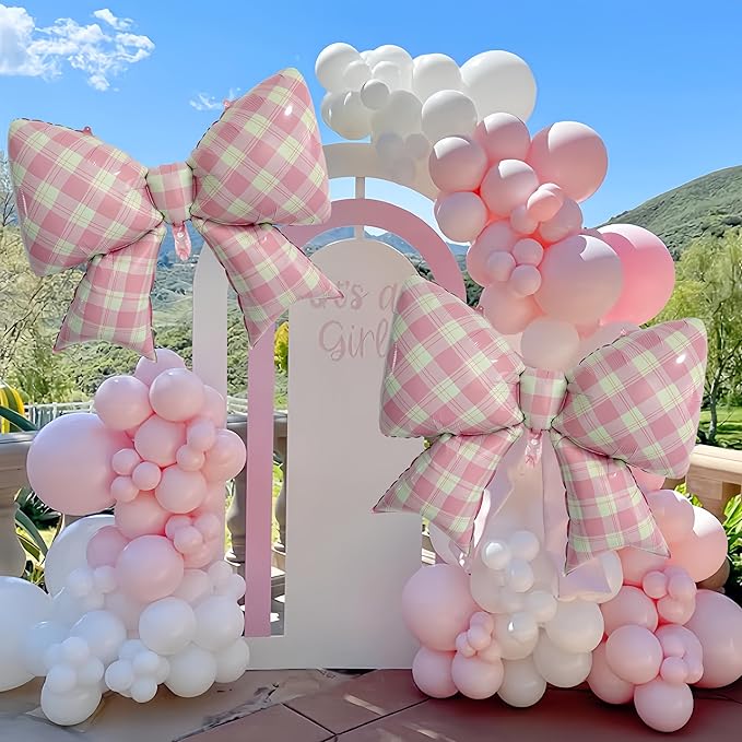 4Pcs Pink Plaid Bow Balloons 38"/Gingham Bowknot Foil Balloons for One Silly Goose Decor for Girl Baby Shower, Picnic, Girly Room & Sweet Party Decorations/coquette Party Supplies