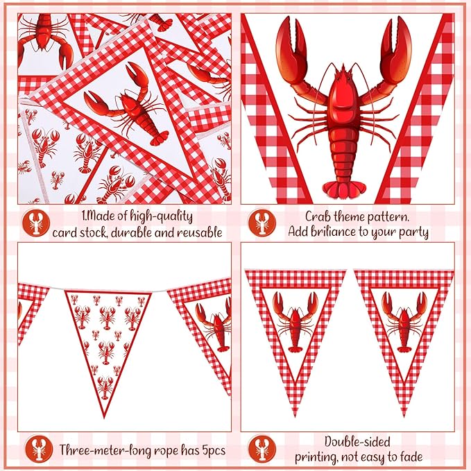 Boao 5 Pcs Crawfish Boil Party Decorations Crawfish Pennant Banner 49. 2ft Shrimp Boil Pennant Flags Red Plaid Hanging Banner for Birthday Lobster Mardi Gras Summer Shrimp Party Supplies