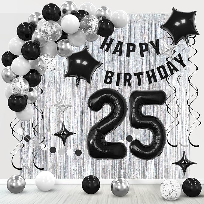 25th Birthday Decorations for Boys Girls, Silvery and Black Happy 25th Birthday Banner,Number 25 Balloons Arch Kit for 25 year old Birthday Party Decorations