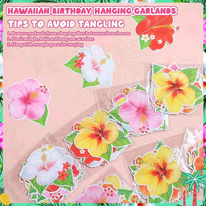 8 Pcs Hawaiian Luau Party Decorations Hibiscus Flower Birthday Hanging Garlands Banner Tropical Hawaiian Paper Cutouts Streamer for Wall Ceiling Decor Summer Aloha Beach Pool Party Supplies