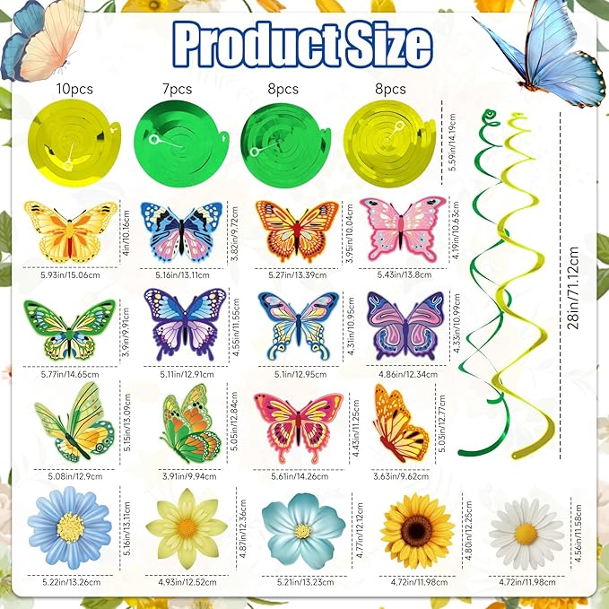 33pcs Spring Hanging Decorations for Home, Flower Butterfly Hanging Swirl Streamers for Spring Summer Easter Flower Butterfly Themed Birthday Party Classroom Decorations
