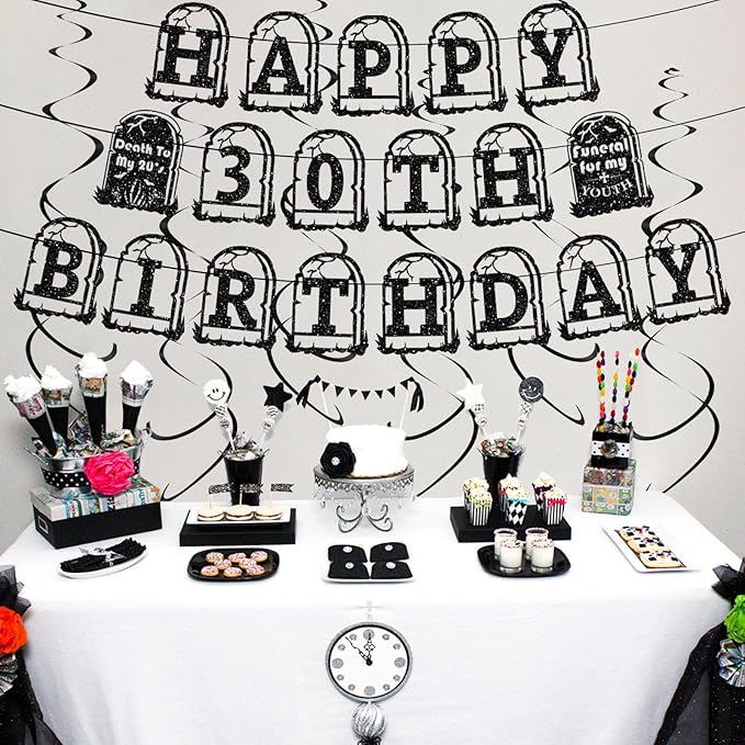 30th Birthday Death to My 20s Party Decorations, Pre-Strung Glitter Happy 30TH Birthday Banner, Black Hanging Swirls, Funeral for My Youth Party Supplies