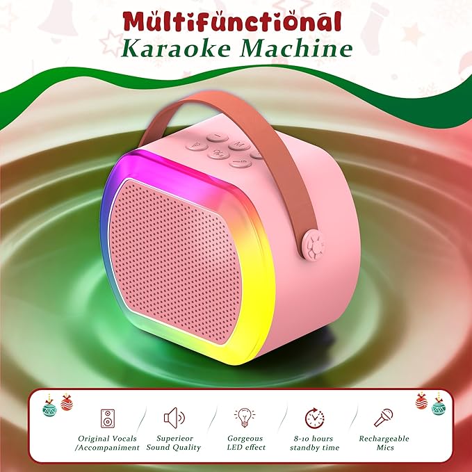 Mini Karaoke Machine with 2 Wireless Microphones, Kids Portable Karaoke Machine for 3, 4, 5, 6, 7, 8, 9, 10, 11, 12+ Year Old, Best Birthday Christmas Toy Gift-Stocking Stuffers for Girls