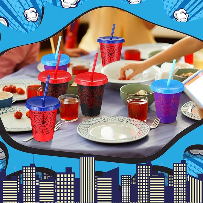 12 Pcs 16 oz Spider Cups Bulk with 3 Styles, Spider Birthday Party Favors Cups with Lids and Straws, Plastic Cup for Birthday Party Decorations, Birthday Party Favor Supplies for Friends