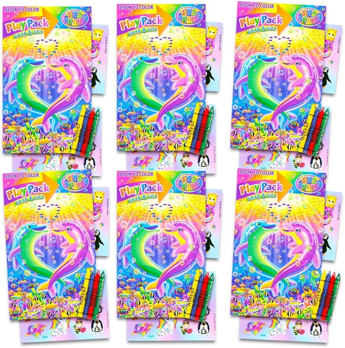 6 Pc Lisa Frank Party Favors Set - Bundle with 6 Play Packs with Mini Coloring Books, Stickers, and Crayons | Lisa Frank Birthday Party Supplies Decorations